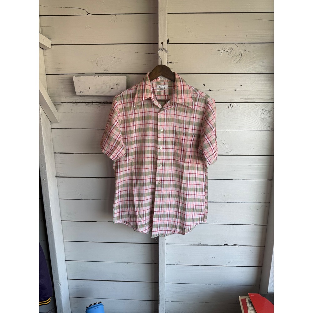 Vintage Forum Mens Pink Green Plaid Short Sleeve Button Down Shirt Medium